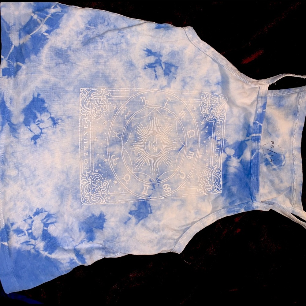 Medium blue and white tie dye fortune tank top